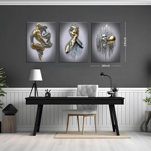 Modern Bedroom Wall Art Set of 3-3D Metal Effect Couple Canvas Paintings Wall Decor, Abstract Figure Statue Art Prints for Living Room Home Decor - 16x24in Framed in Saudi Arabia