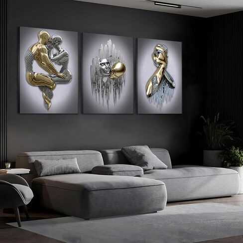 Modern Bedroom Wall Art Set of 3-3D Metal Effect Couple Canvas Paintings Wall Decor, Abstract Figure Statue Art Prints for Living Room Home Decor - 16x24in Framed in Saudi Arabia