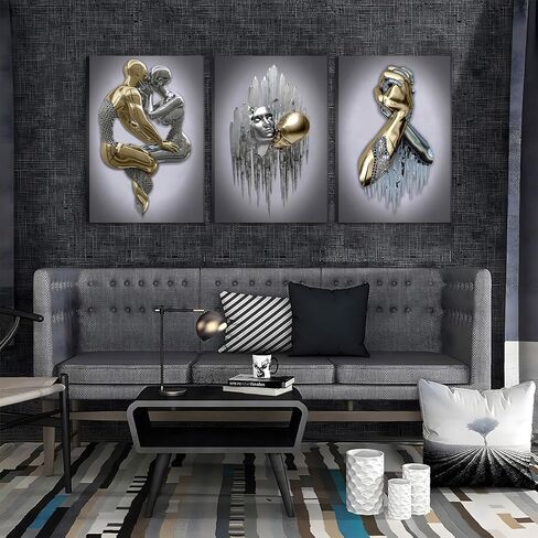 Modern Bedroom Wall Art Set of 3-3D Metal Effect Couple Canvas Paintings Wall Decor, Abstract Figure Statue Art Prints for Living Room Home Decor - 16x24in Framed in Saudi Arabia