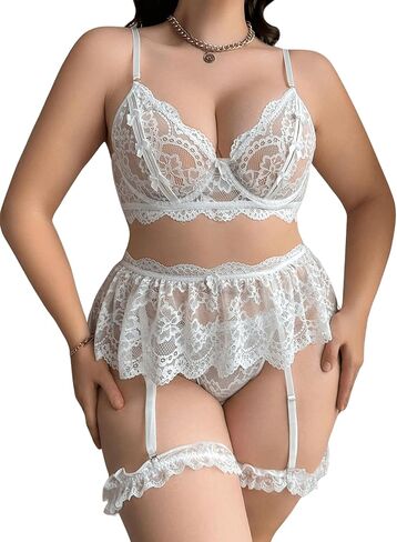 SOLY HUX Women's Plus Size Floral Lace Scallop Underwire Garter Push Up Bra and Panty Lingerie Set in Kuwait