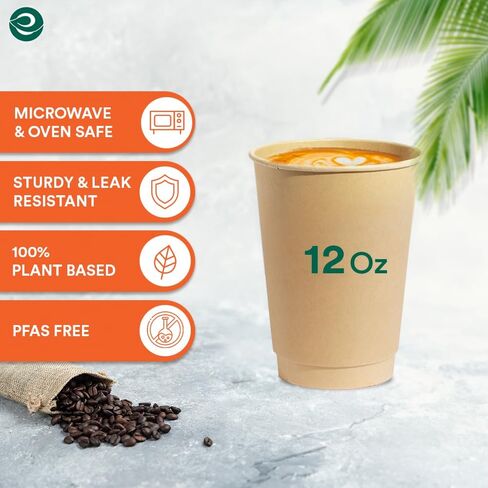 أكواب ساخنة 100% قابلة للتحلل من ECO SOUL (خالية من PFAS) سعة 12 أونصة | (50 قطعة، 12 أونصة من الأكواب الساخنة) | أكواب ورقية من قصب السكر القابل للتصرف | أكواب صديقة للبيئة | قوي وآمن للاستخدام في الميكروويف والفرن in Kuwait