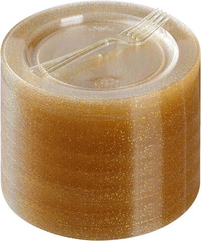 Goodluck 120PCS Plastic Dessert Plates 6.3" with 120 Plastic Forks 5.7", Gold Glitter Disposable Plates for 120 Guests, Heavy Duty Plastic Plates for Party, Appetizer Plates for Wedding in Kuwait