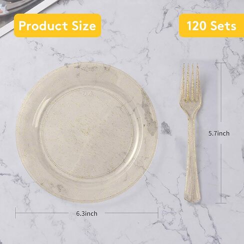 Goodluck 120PCS Plastic Dessert Plates 6.3" with 120 Plastic Forks 5.7", Gold Glitter Disposable Plates for 120 Guests, Heavy Duty Plastic Plates for Party, Appetizer Plates for Wedding in Kuwait