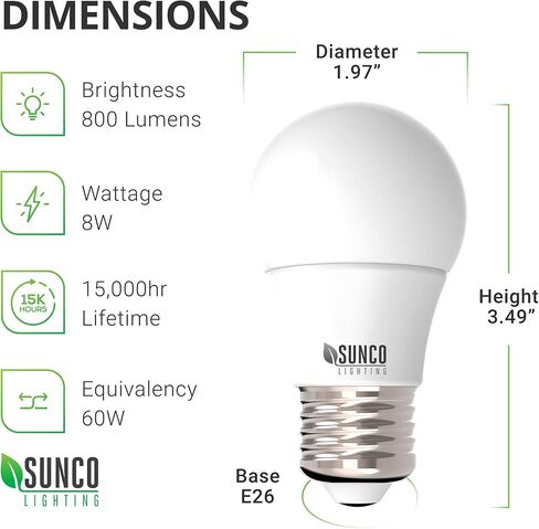 Sunco 10 Pack A15 LED Ceiling Fan Candelabra Light Bulbs E26 Medium Base CRI92 6000K Daylight Deluxe 8W Equivalent 60W, 800 Lumens, Waterproof Super Bright Appliance Indoor Outdoor UL in Saudi Arabia