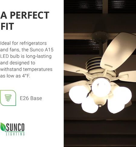 Sunco 10 Pack A15 LED Ceiling Fan Candelabra Light Bulbs E26 Medium Base CRI92 6000K Daylight Deluxe 8W Equivalent 60W, 800 Lumens, Waterproof Super Bright Appliance Indoor Outdoor UL in Saudi Arabia
