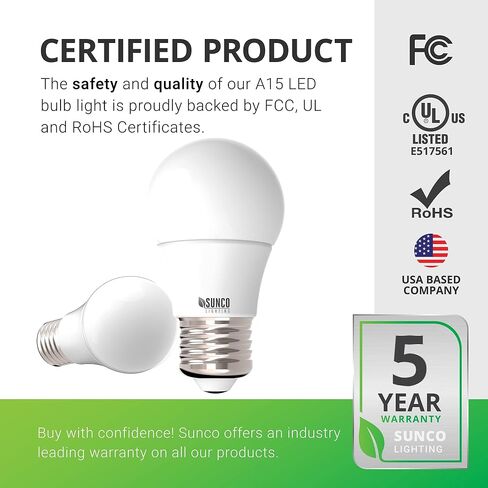 Sunco 10 Pack A15 LED Ceiling Fan Candelabra Light Bulbs E26 Medium Base CRI92 6000K Daylight Deluxe 8W Equivalent 60W, 800 Lumens, Waterproof Super Bright Appliance Indoor Outdoor UL in Saudi Arabia