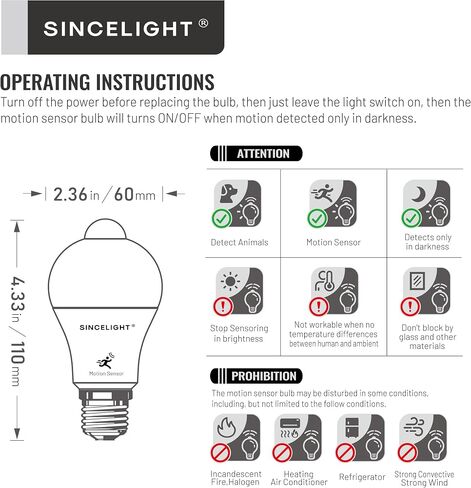 SINCELIGHT Motion Sensor LED Light Bulb 9W E26, PIR Motion-Activated in The Dark, Automatically ON/Off by Dual Sensors, Cool White 6000K, Pack of 2 in Saudi Arabia