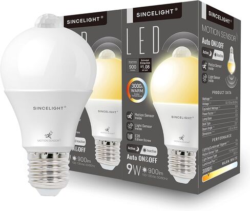 SINCELIGHT Motion Sensor LED Light Bulb 9W E26, PIR Motion-Activated in The Dark, Automatically ON/Off by Dual Sensors, Cool White 6000K, Pack of 2 in Saudi Arabia