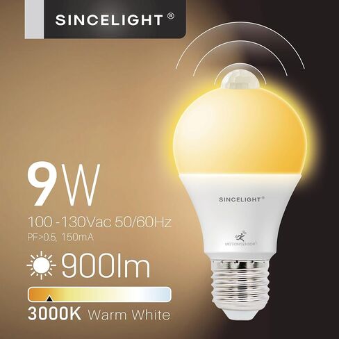 SINCELIGHT Motion Sensor LED Light Bulb 9W E26, PIR Motion-Activated in The Dark, Automatically ON/Off by Dual Sensors, Cool White 6000K, Pack of 2 in Saudi Arabia