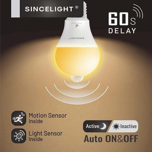 SINCELIGHT Motion Sensor LED Light Bulb 9W E26, PIR Motion-Activated in The Dark, Automatically ON/Off by Dual Sensors, Cool White 6000K, Pack of 2 in Saudi Arabia