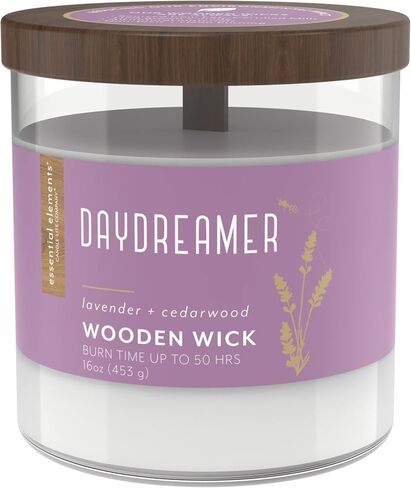 Essential Elements by Candle-Lite Company Wood Wick Scented Candle, Daydreamer, One 16 oz. Single-Wick Aromatherapy Candle with 50 Hours of Burn Time, White in Saudi Arabia