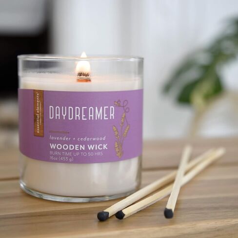 Essential Elements by Candle-Lite Company Wood Wick Scented Candle, Daydreamer, One 16 oz. Single-Wick Aromatherapy Candle with 50 Hours of Burn Time, White in Saudi Arabia