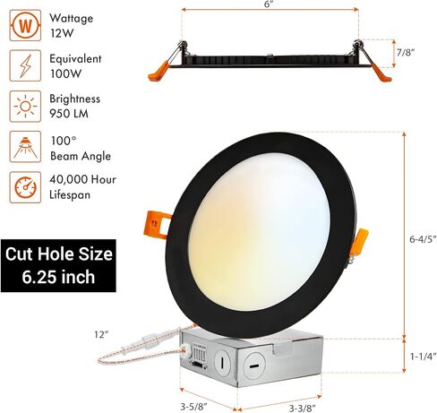6-Pack 6-Inch 2700K-6000K Color Selectable, Oil Rubbed Bronze Trim, Ultra-Thin LED Recessed Ceiling Downlight with J-Box, Dimmable Can-Killer Downlight, 12Watt (Dark Brown) in Saudi Arabia