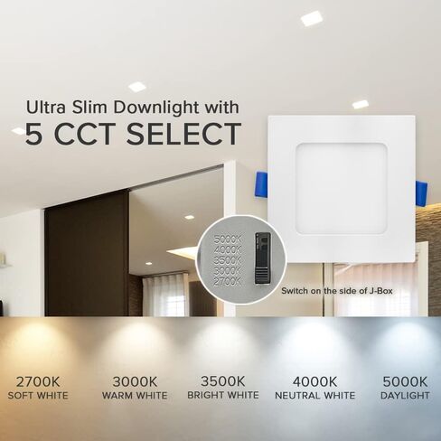 Maxxima 4 in. Square 5CCT Ultra Thin Recessed LED Downlight, 750 Lumens Slim Canless, IC Rated, 5 Color Temperature Selectable 2700K/3000K/3500K/4000K/5000K, Dimmable, J-Box Included in Saudi Arabia