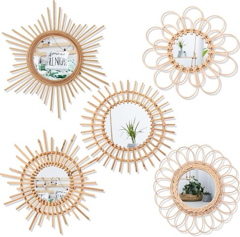 ديكور مرآة Gulfmew Boho، مجموعة من 5 قطع للتعليق على الحائط، مرآة مستديرة طبيعية ريفية من الروطان لغرفة المعيشة ديكور جدار المنزل in Kuwait