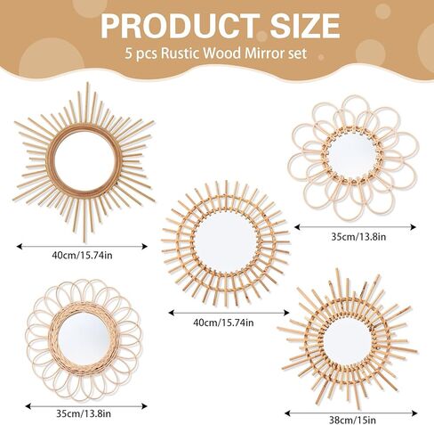 ديكور مرآة Gulfmew Boho، مجموعة من 5 قطع للتعليق على الحائط، مرآة مستديرة طبيعية ريفية من الروطان لغرفة المعيشة ديكور جدار المنزل in Kuwait