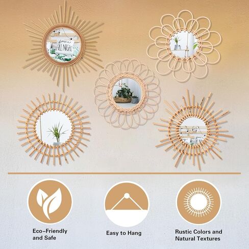 ديكور مرآة Gulfmew Boho، مجموعة من 5 قطع للتعليق على الحائط، مرآة مستديرة طبيعية ريفية من الروطان لغرفة المعيشة ديكور جدار المنزل in Kuwait