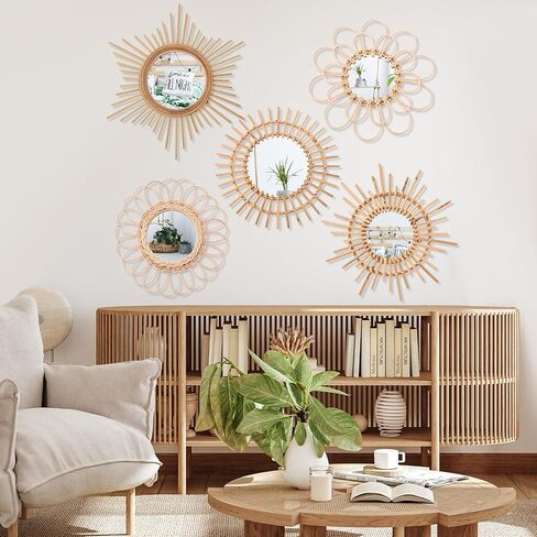 ديكور مرآة Gulfmew Boho، مجموعة من 5 قطع للتعليق على الحائط، مرآة مستديرة طبيعية ريفية من الروطان لغرفة المعيشة ديكور جدار المنزل in Kuwait
