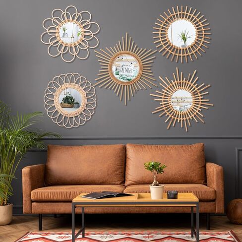 ديكور مرآة Gulfmew Boho، مجموعة من 5 قطع للتعليق على الحائط، مرآة مستديرة طبيعية ريفية من الروطان لغرفة المعيشة ديكور جدار المنزل in Kuwait