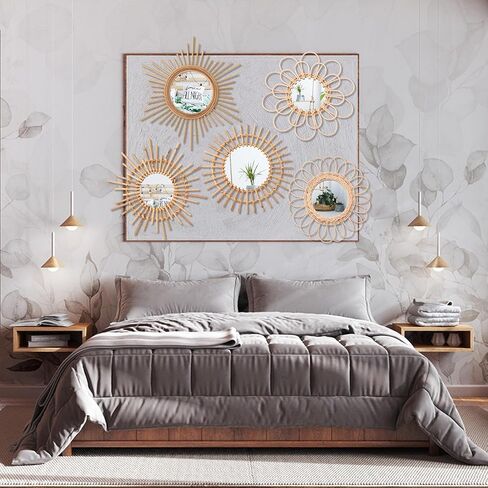 ديكور مرآة Gulfmew Boho، مجموعة من 5 قطع للتعليق على الحائط، مرآة مستديرة طبيعية ريفية من الروطان لغرفة المعيشة ديكور جدار المنزل in Kuwait