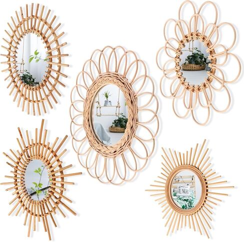 ديكور مرآة Gulfmew Boho، مجموعة من 5 قطع للتعليق على الحائط، مرآة مستديرة طبيعية ريفية من الروطان لغرفة المعيشة ديكور جدار المنزل in Kuwait