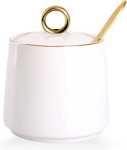 WHJY Ceramic Sugar Bowl with Lid and Spoon, Simple White Clear Porcelain Salt Bowl Salt Container, Modern Spice Box Seasoning Jar for Home and Kitchen Coffee Bar - White in Kuwait