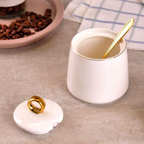 WHJY Ceramic Sugar Bowl with Lid and Spoon, Simple White Clear Porcelain Salt Bowl Salt Container, Modern Spice Box Seasoning Jar for Home and Kitchen Coffee Bar - White in Kuwait