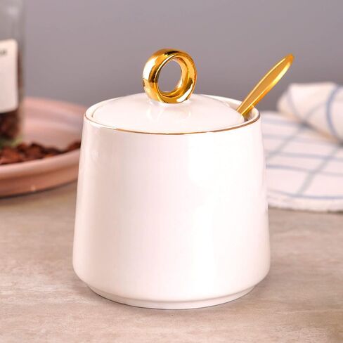 WHJY Ceramic Sugar Bowl with Lid and Spoon, Simple White Clear Porcelain Salt Bowl Salt Container, Modern Spice Box Seasoning Jar for Home and Kitchen Coffee Bar - White in Kuwait