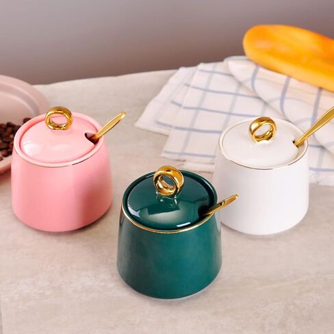 WHJY Ceramic Sugar Bowl with Lid and Spoon, Simple White Clear Porcelain Salt Bowl Salt Container, Modern Spice Box Seasoning Jar for Home and Kitchen Coffee Bar - White in Kuwait