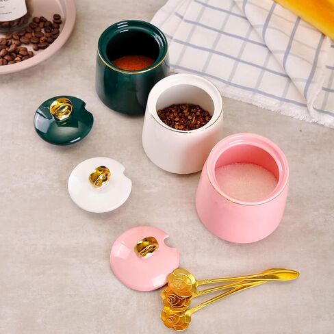 WHJY Ceramic Sugar Bowl with Lid and Spoon, Simple White Clear Porcelain Salt Bowl Salt Container, Modern Spice Box Seasoning Jar for Home and Kitchen Coffee Bar - White in Kuwait