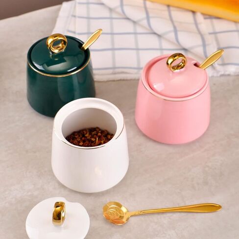 WHJY Ceramic Sugar Bowl with Lid and Spoon, Simple White Clear Porcelain Salt Bowl Salt Container, Modern Spice Box Seasoning Jar for Home and Kitchen Coffee Bar - White in Kuwait