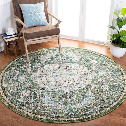 SAFAVIEH Madison Collection Area Rug - 5' Round, Green & Turquoise, Boho Chic Medallion Distressed Design, Non-Shedding & Easy Care, Ideal for High Traffic Areas in Living Room, Bedroom (MAD447Y) in Saudi Arabia