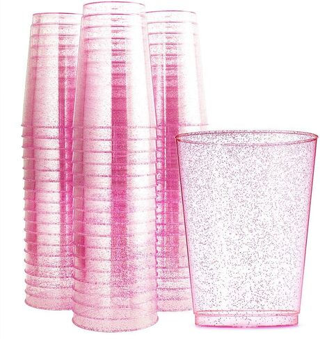 WDF 100pcs 12OZ Rose Gold Cups,Disposable Rose Gold Glitter Plastic Cups-Premium Wedding Pink Cups-Party Cups Perfect in Saudi Arabia