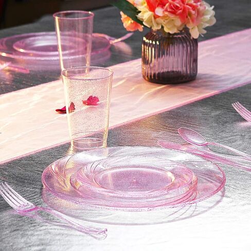 WDF 100pcs 12OZ Rose Gold Cups,Disposable Rose Gold Glitter Plastic Cups-Premium Wedding Pink Cups-Party Cups Perfect in Saudi Arabia