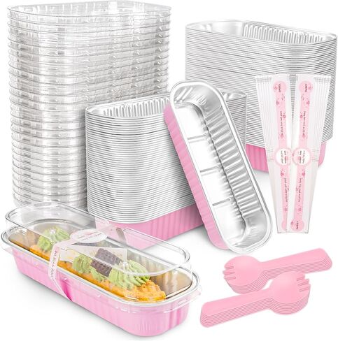 50 Pack Mini Cake Pans with Lids and Spoons Gold Rectangular Aluminum Foil Baking Pans Mini Cheesecake Containers(6.8oz) in Saudi Arabia