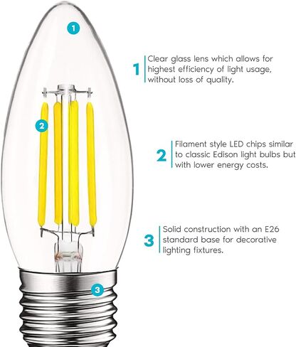 Luxrite 5W Vintage E26 Candelabra LED Bulb 60W Equivalent, 550 Lumens, 5000K Bright White Dimmable, Medium Base Candelabra Bulb, Torpedo Tip Clear Glass, Edison Filament Light Bulb, UL Listed (6 Pack) in Kuwait