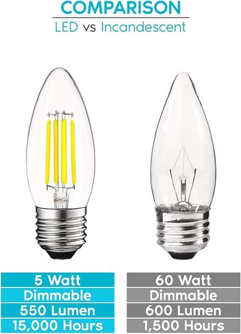 Luxrite 5W Vintage E26 Candelabra LED Bulb 60W Equivalent, 550 Lumens, 5000K Bright White Dimmable, Medium Base Candelabra Bulb, Torpedo Tip Clear Glass, Edison Filament Light Bulb, UL Listed (6 Pack) in Kuwait