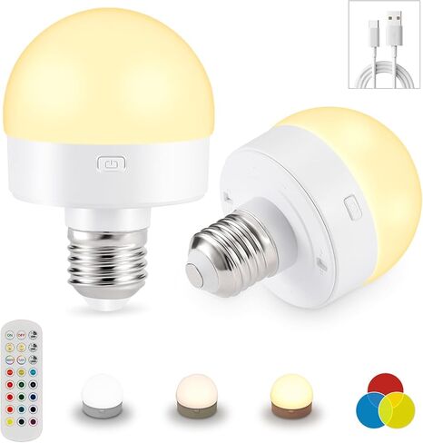 LINEWAY Rechargeable Battery Operated Light Bulb with Remote, 2 Pack, E26 Detachable Charging Emergency Puck Lamp, 15 Colors Selectable Timer Rechargeable Light Bulb for Wall Sconce, Non-Hardwired in Saudi Arabia