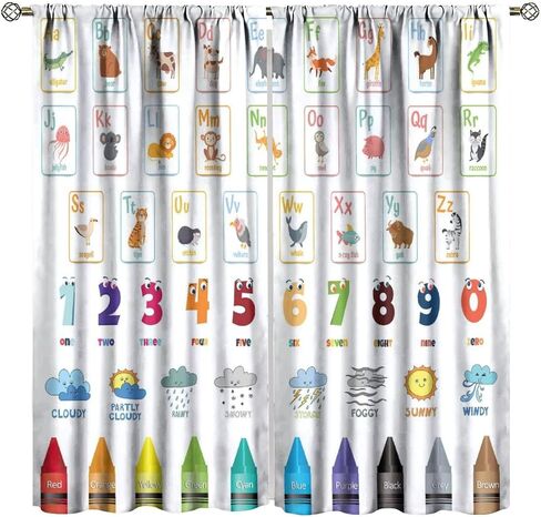 Kids Alphabet ABC Blackout Curtains, Cartoon Animal Colorful Crayon Classroom Printed Window Drapes, for Children Boys Girls Living Room Bedroom 21(W)*45(L) 2 Panels in Kuwait