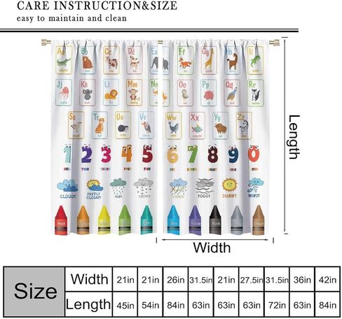 Kids Alphabet ABC Blackout Curtains, Cartoon Animal Colorful Crayon Classroom Printed Window Drapes, for Children Boys Girls Living Room Bedroom 21(W)*45(L) 2 Panels in Kuwait