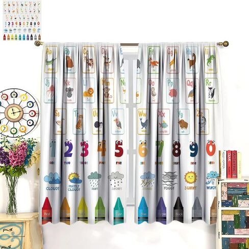 Kids Alphabet ABC Blackout Curtains, Cartoon Animal Colorful Crayon Classroom Printed Window Drapes, for Children Boys Girls Living Room Bedroom 21(W)*45(L) 2 Panels in Kuwait