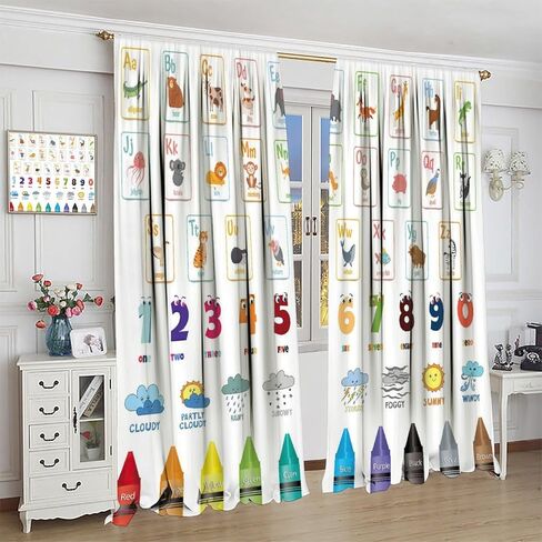 Kids Alphabet ABC Blackout Curtains, Cartoon Animal Colorful Crayon Classroom Printed Window Drapes, for Children Boys Girls Living Room Bedroom 21(W)*45(L) 2 Panels in Kuwait