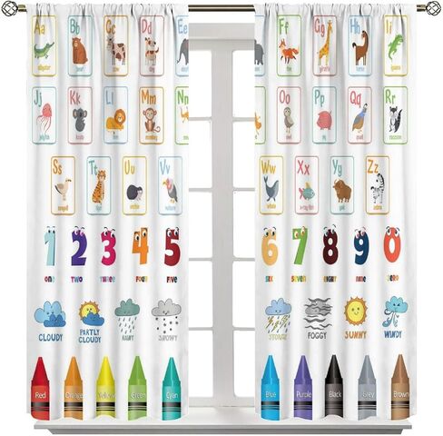 Kids Alphabet ABC Blackout Curtains, Cartoon Animal Colorful Crayon Classroom Printed Window Drapes, for Children Boys Girls Living Room Bedroom 21(W)*45(L) 2 Panels in Kuwait