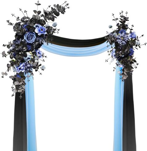 مجموعة زهور القوس السوداء الصناعية للزفاف من SOUTHGATE - زينة الزفاف القوطية - قطعتان من الزهور الزرقاء السوداء - وقطعتان من مفرش المائدة من الشيفون شبه الشفاف للديكور القوطي، زفاف أسود in Kuwait