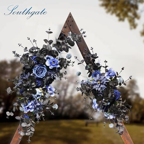 مجموعة زهور القوس السوداء الصناعية للزفاف من SOUTHGATE - زينة الزفاف القوطية - قطعتان من الزهور الزرقاء السوداء - وقطعتان من مفرش المائدة من الشيفون شبه الشفاف للديكور القوطي، زفاف أسود in Kuwait
