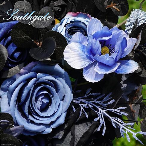 مجموعة زهور القوس السوداء الصناعية للزفاف من SOUTHGATE - زينة الزفاف القوطية - قطعتان من الزهور الزرقاء السوداء - وقطعتان من مفرش المائدة من الشيفون شبه الشفاف للديكور القوطي، زفاف أسود in Kuwait