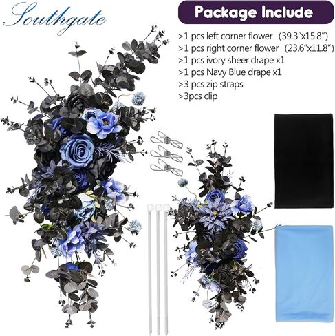 مجموعة زهور القوس السوداء الصناعية للزفاف من SOUTHGATE - زينة الزفاف القوطية - قطعتان من الزهور الزرقاء السوداء - وقطعتان من مفرش المائدة من الشيفون شبه الشفاف للديكور القوطي، زفاف أسود in Kuwait