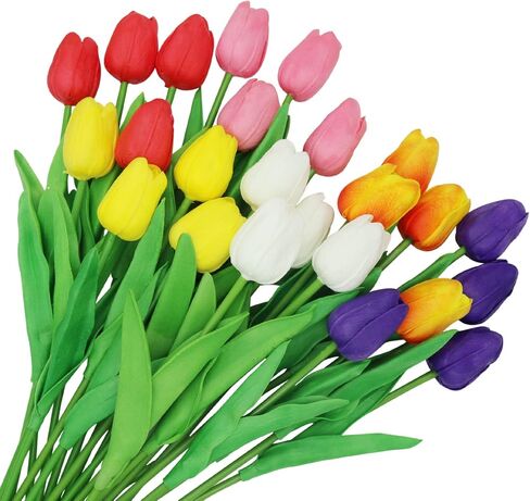 Asapbuuy Pack of 24-Real Touch Tulip Bud Bouquet Artificial Flowers Tulip Spring Flowers for Wedding Baby Shower Home Party Decoration Wedding Bridal Home Decor Holidays Garden DIY (Mixed Color) in Saudi Arabia