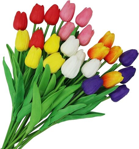 Asapbuuy Pack of 24-Real Touch Tulip Bud Bouquet Artificial Flowers Tulip Spring Flowers for Wedding Baby Shower Home Party Decoration Wedding Bridal Home Decor Holidays Garden DIY (Mixed Color) in Saudi Arabia