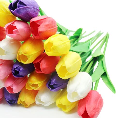 Asapbuuy Pack of 24-Real Touch Tulip Bud Bouquet Artificial Flowers Tulip Spring Flowers for Wedding Baby Shower Home Party Decoration Wedding Bridal Home Decor Holidays Garden DIY (Mixed Color) in Saudi Arabia